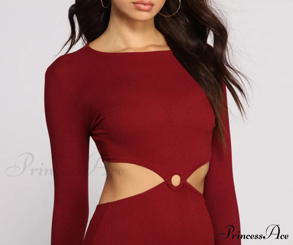 Ribbed Knit Stylish O-Ring Mini Dress Casual Dresses