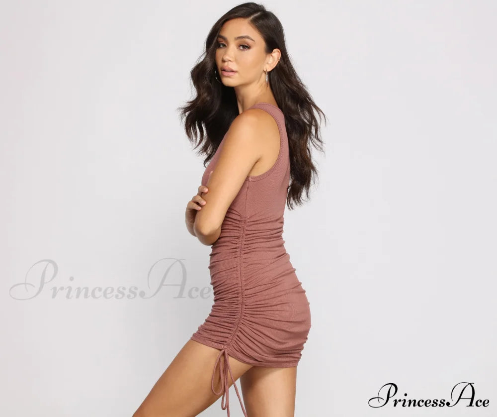 Ribbed Knit Stylish Ruched Mini Dress Casual Dresses
