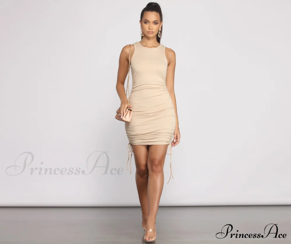 Ribbed Knit Stylish Ruched Mini Dress Casual Dresses