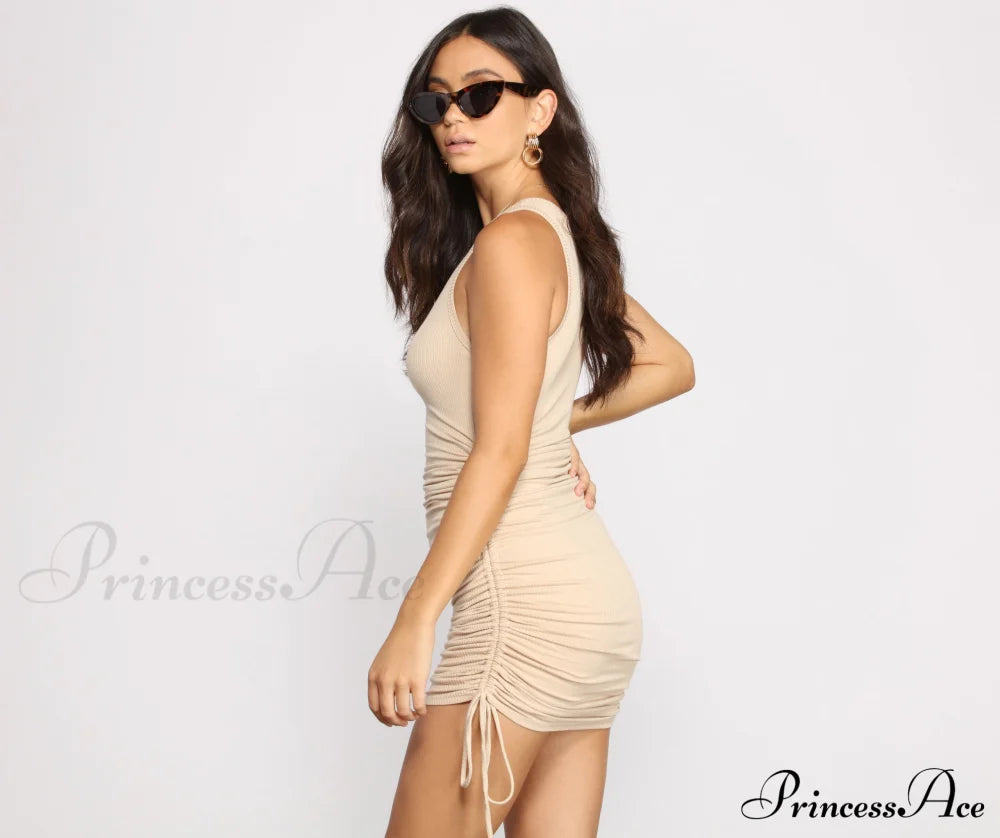 Ribbed Knit Stylish Ruched Mini Dress Casual Dresses
