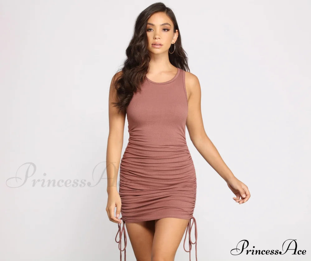 Ribbed Knit Ruched Mini Dress - Lady Occasions