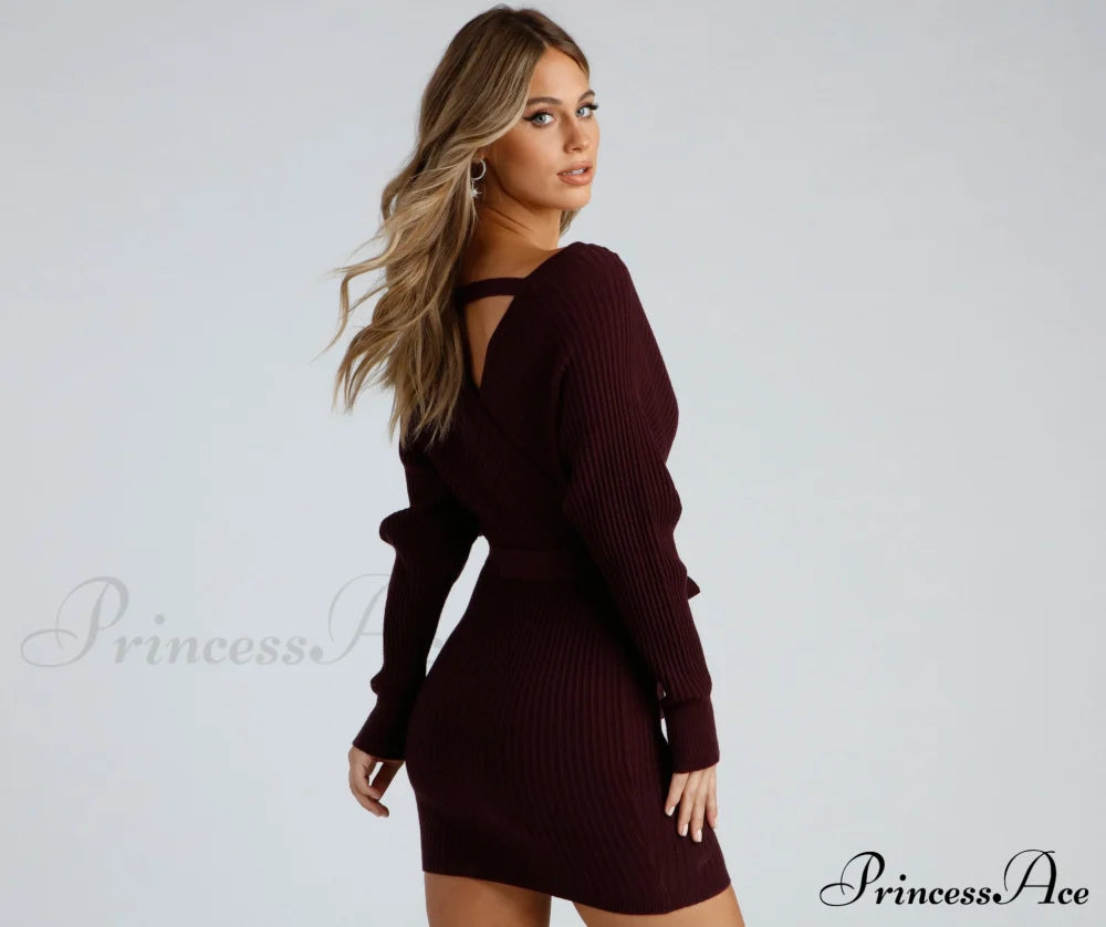 Ribbed Knit Tie-Front Charming Mini Sweater Dress Sweaters-L