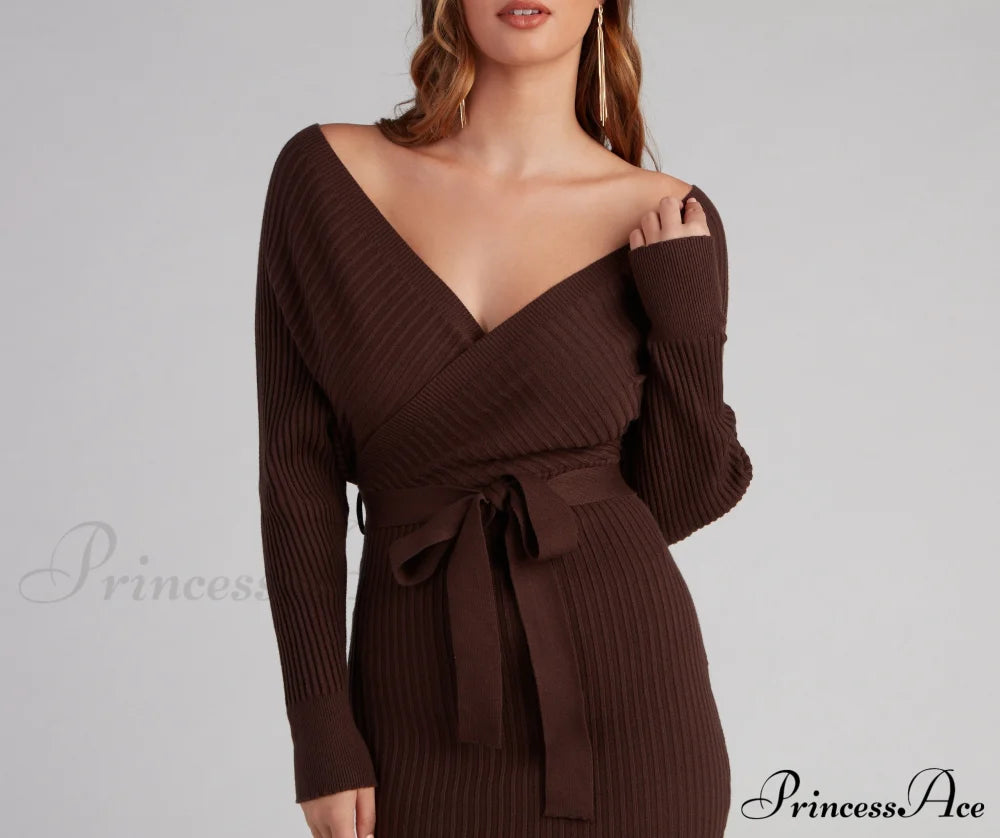 Ribbed Knit Tie-Front Charming Mini Sweater Dress Sweaters-L