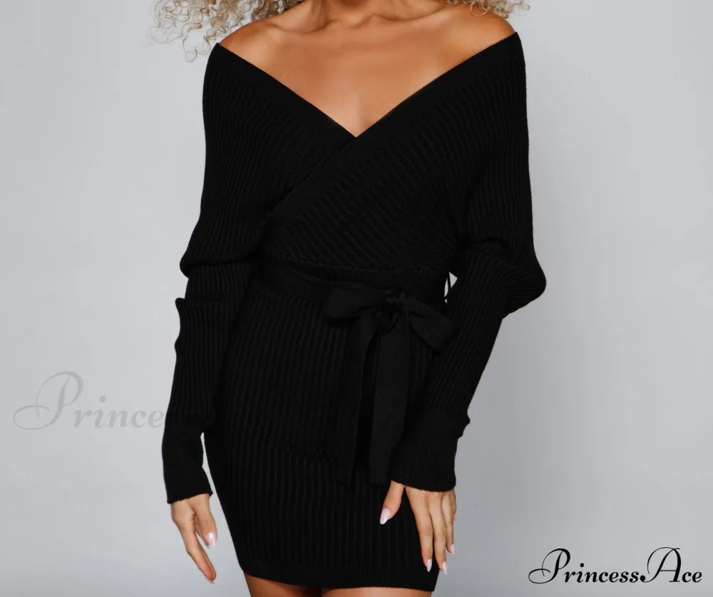 Ribbed Knit Tie-Front Charming Mini Sweater Dress Sweaters-L
