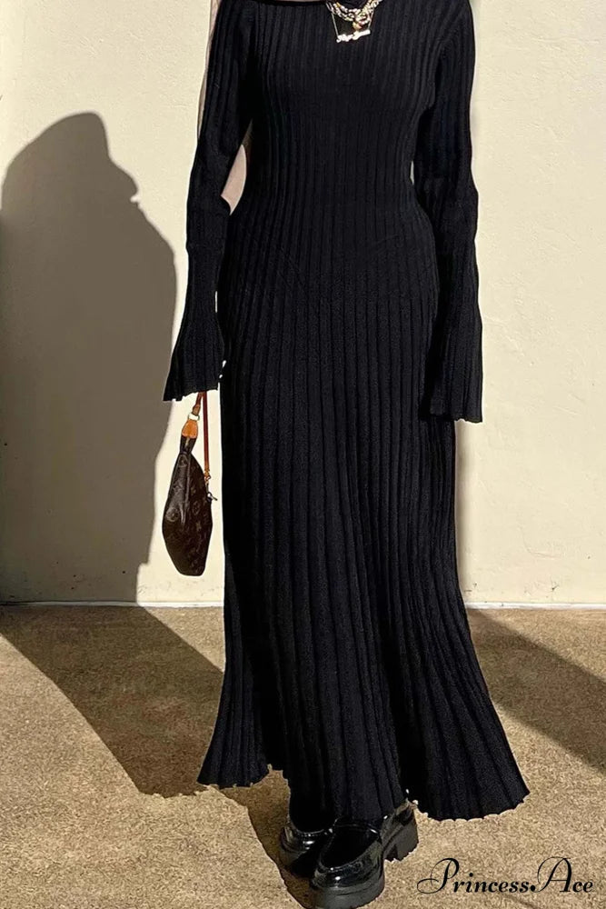 Ribbed Knit Tie-Waist Dress Black / S Midi Dresses