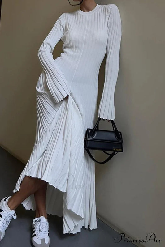 Ribbed Knit Tie-Waist Dress White / S Midi Dresses