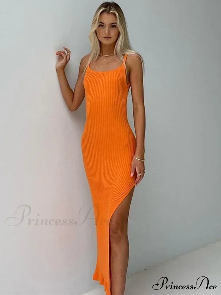 Ribbed Knitted Backless Split Summer Sleeveless Straps Sexy Midi Dress