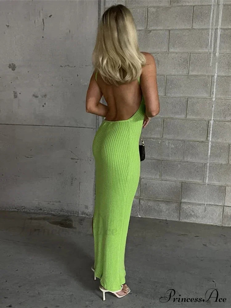 Ribbed Knitted Backless Split Summer Sleeveless Straps Sexy Midi Dress