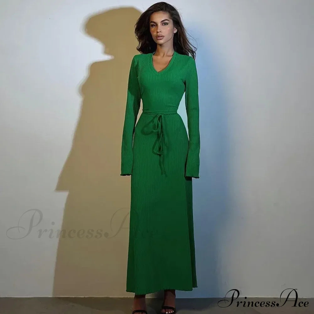 Ribbed Knitted Tie-Detailed Fashionable Club-Ready Birthday Autumnal Maxi Dress Green / S