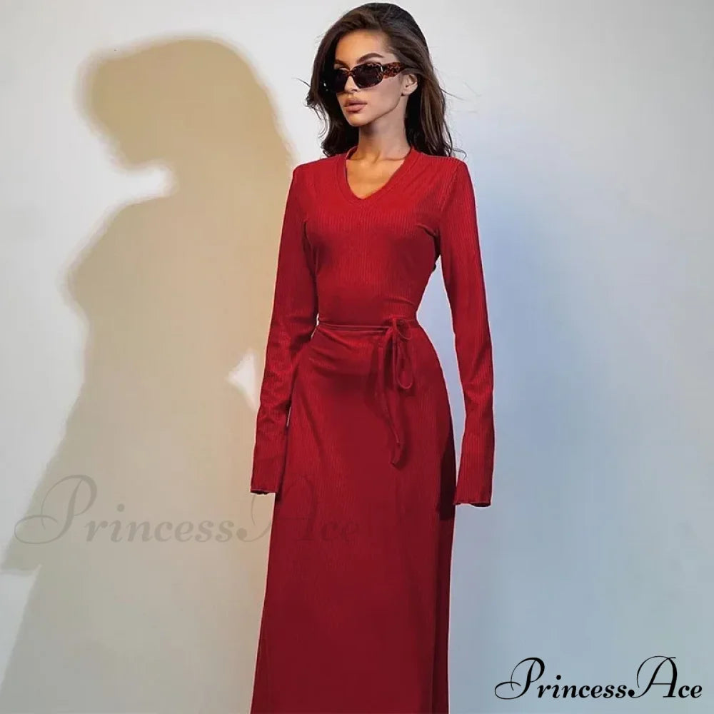 Ribbed Knitted Tie-Detailed Fashionable Club-Ready Birthday Autumnal Maxi Dress Red / S