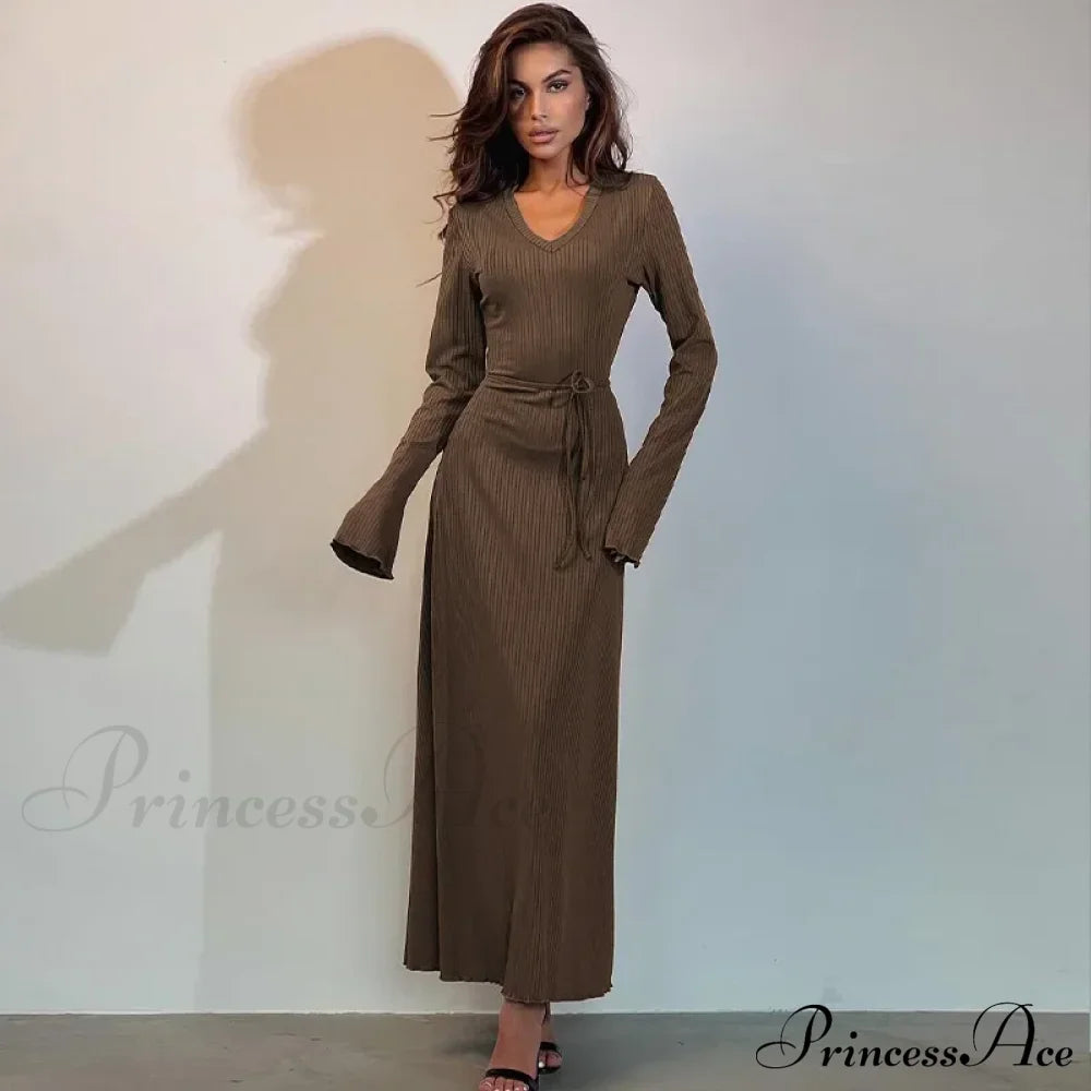 Ribbed Knitted Tie-Detailed Fashionable Club-Ready Birthday Autumnal Maxi Dress Tan / S