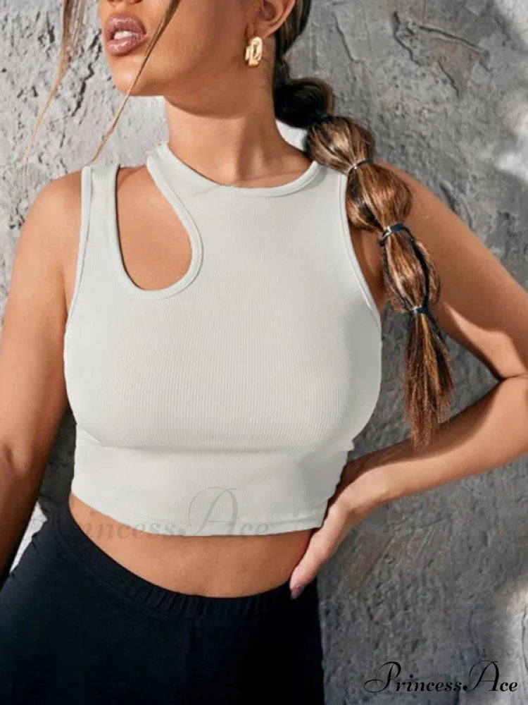 Women's Solid Color Cut Out Ribbed Tank Top White clothes crop top crop tops croptop shirt shirts top tops