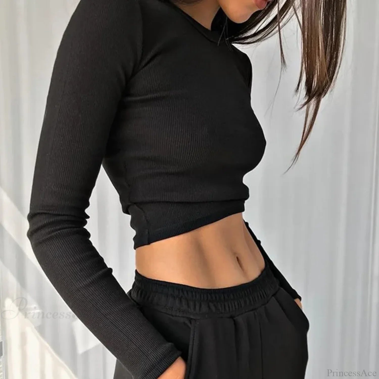 Ribbed Sexy Cropped Slim Fit Long Sleeve Knit Top Black / S knittop-250126