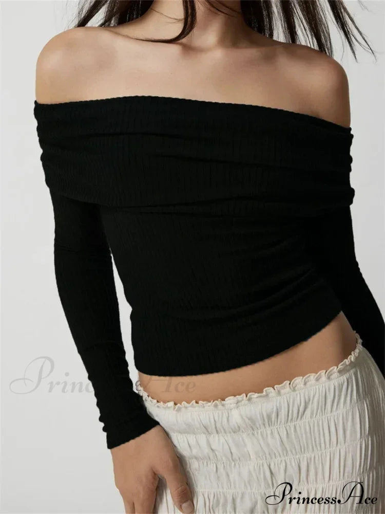 Ribbed Slash Neck Off Shoulder Casual Long Sleeve T-Shirts Black / S