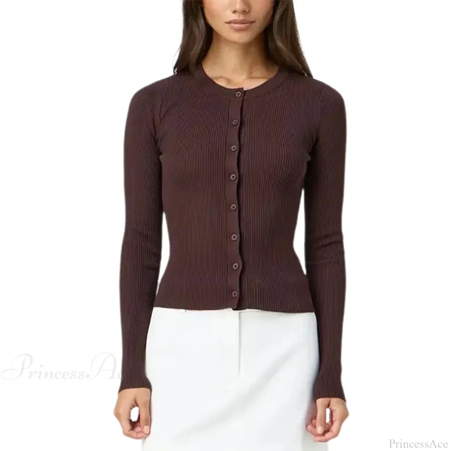 Ribbed Slim Button-Up Long Sleeve Cardigan Brown / S