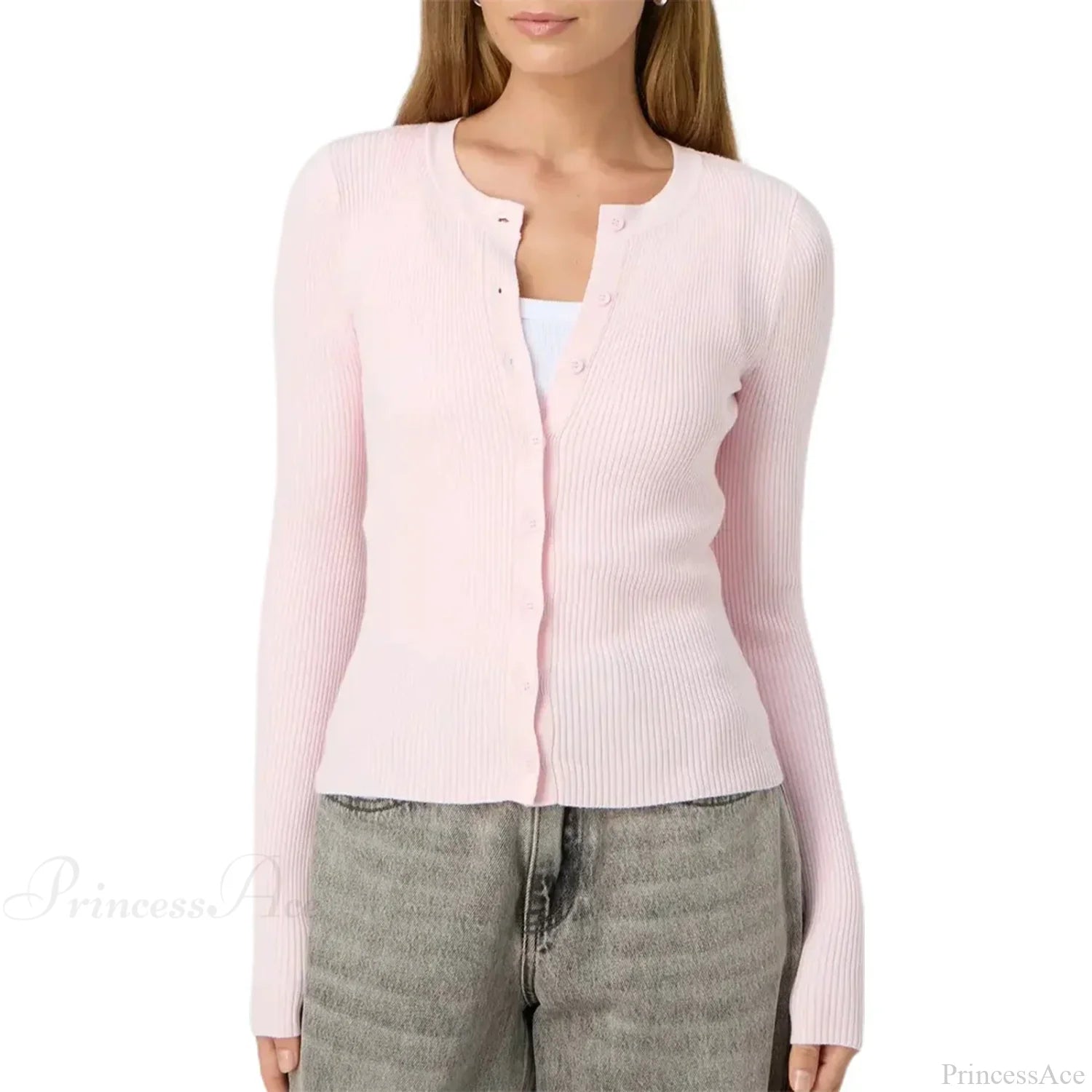 Ribbed Slim Button-Up Long Sleeve Cardigan Pink / S