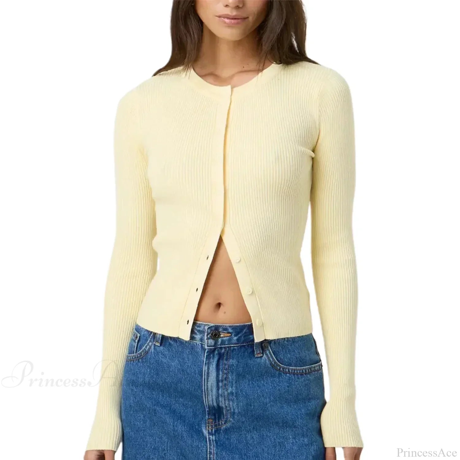 Ribbed Slim Button-Up Long Sleeve Cardigan Yellow / S