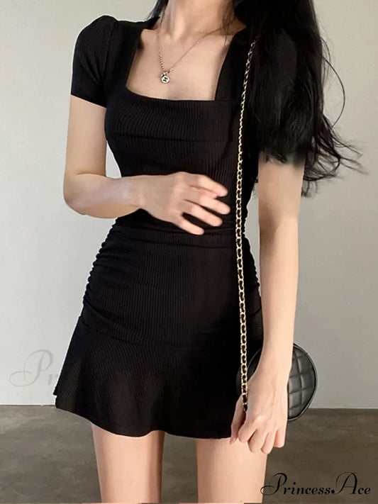 Ribbed Square Collar Casual Ruffles Patchwork Mini Dress