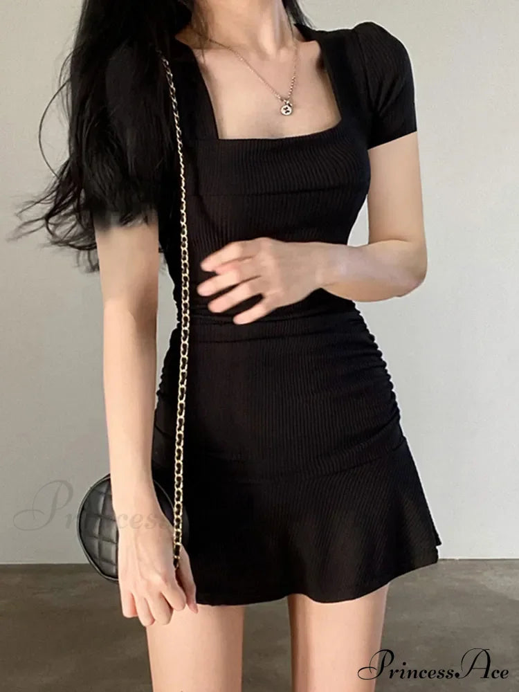 Ribbed Square Collar Casual Ruffles Patchwork Mini Dress Black / S