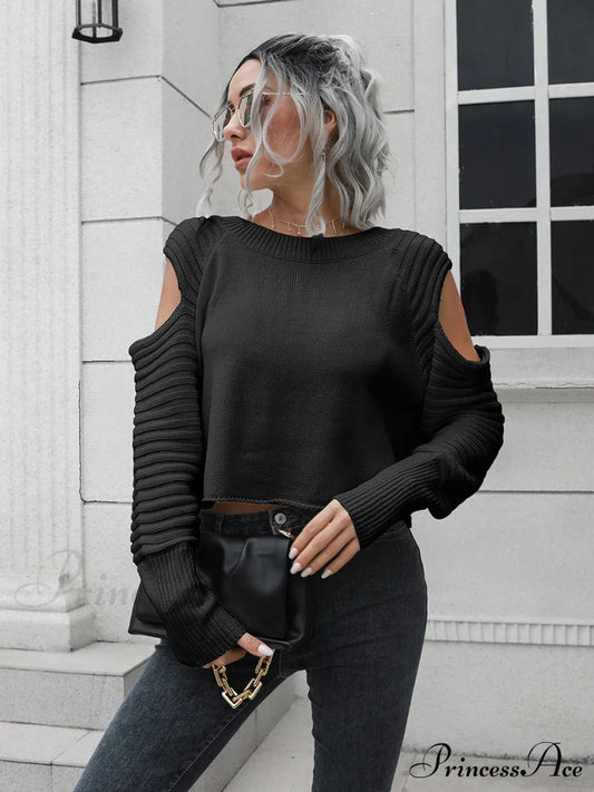 Cold-Shoulder Ribbed Trim Sweater Black B&S clothes Color Green olive green top Ship From Overseas Shipping Delay 09/29/2023 - 10/01/2023 sweater trendsi