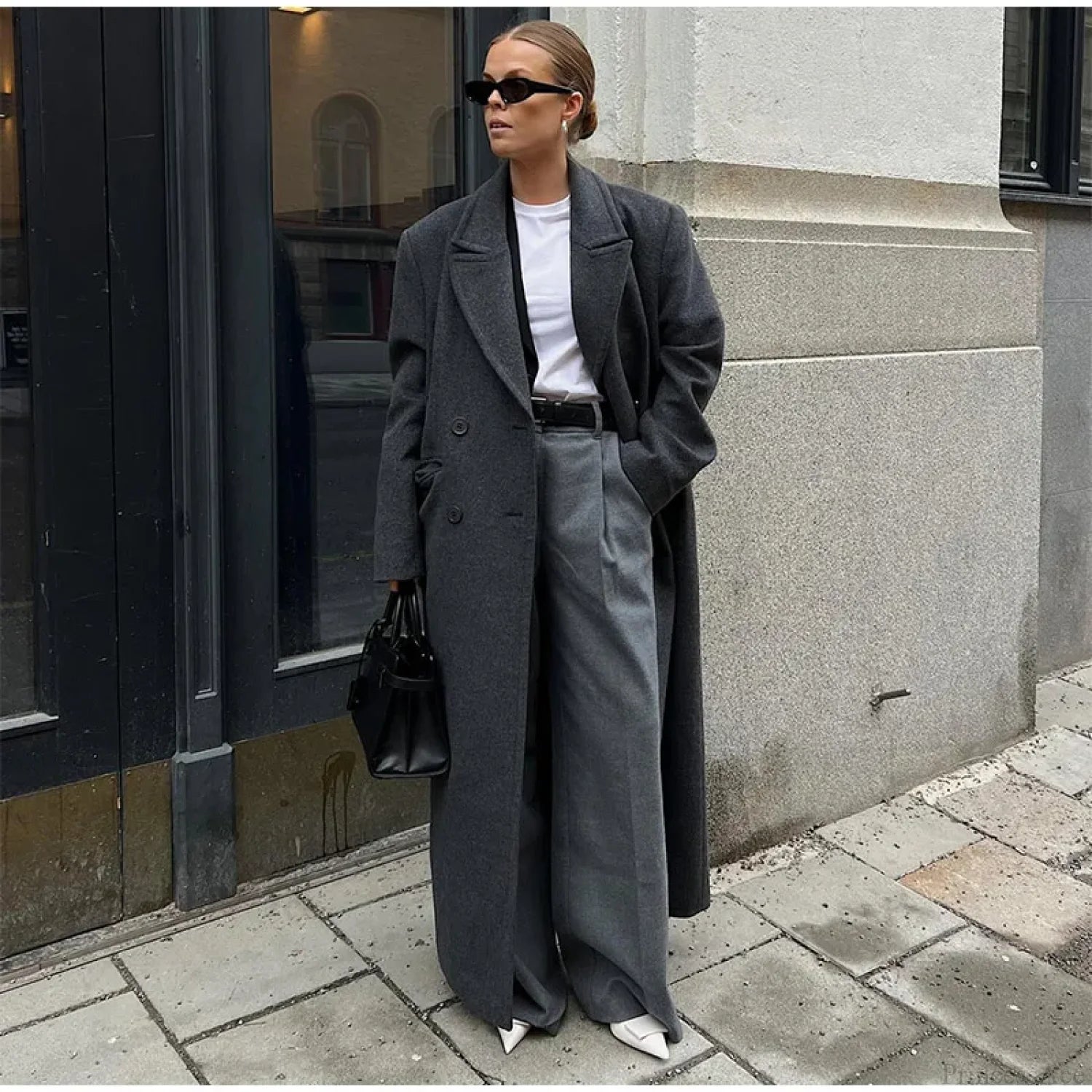 Ribbed Woolen Double-Breasted Overcoat grey 2 / S