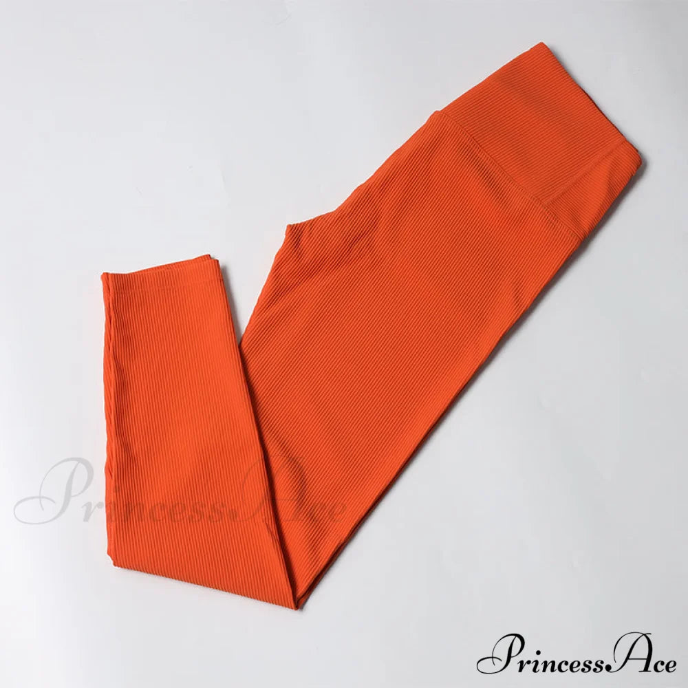 Ribbed Yoga Pants Seamless Sports Leggings Orange-Long / S