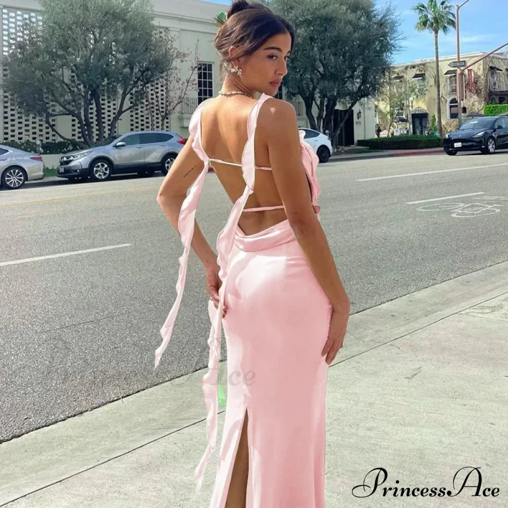 Ribbon Backless Maxi Dress Pink / S