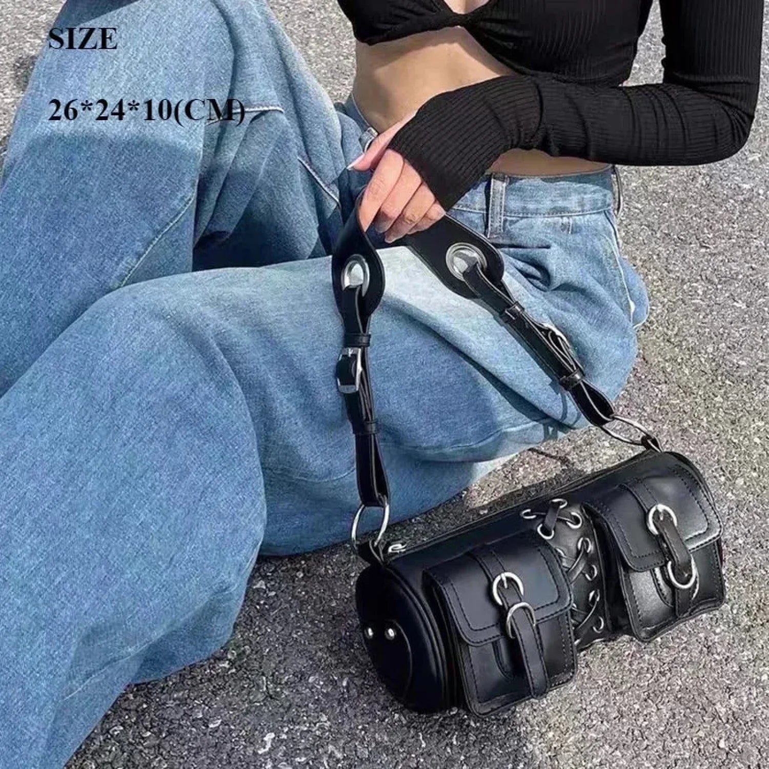 Richme Punk Chain Crossbody Shoulder Bag Black2 shoulder-250126