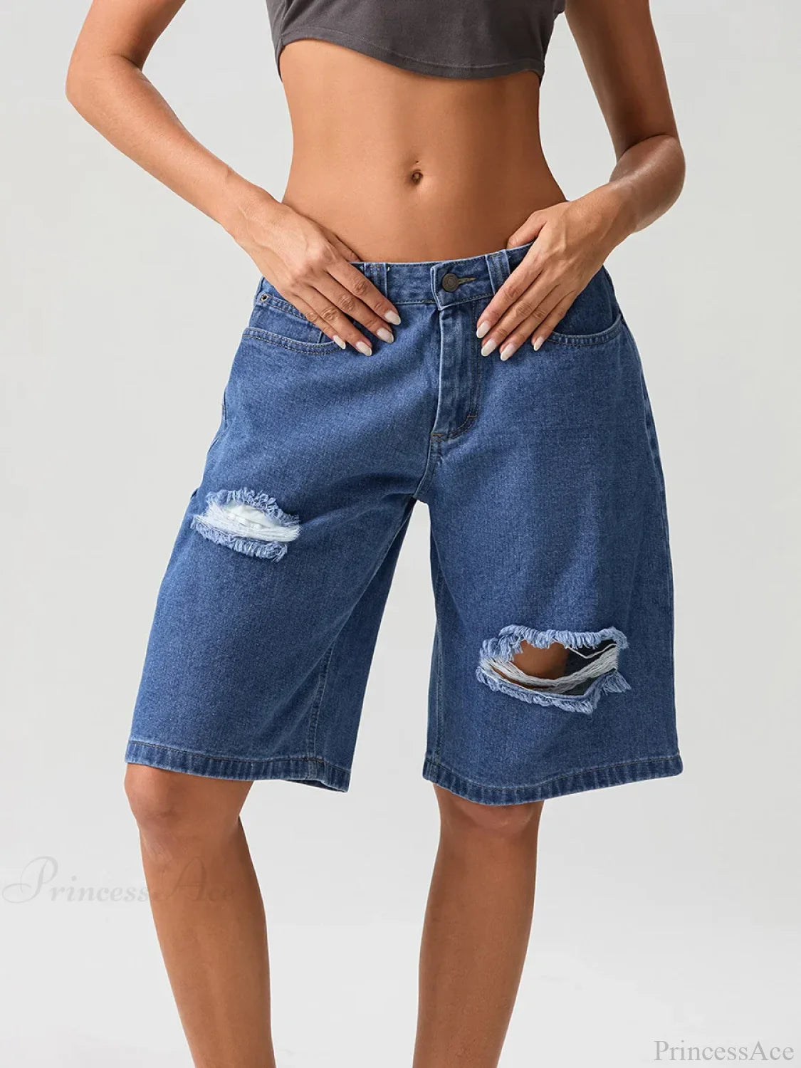 Ripped Button Knee-Length Denim Short short-250223