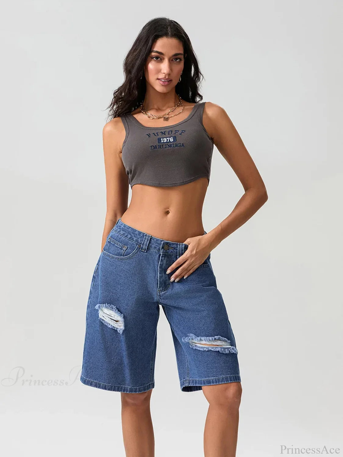 Ripped Button Knee-Length Denim Short short-250223