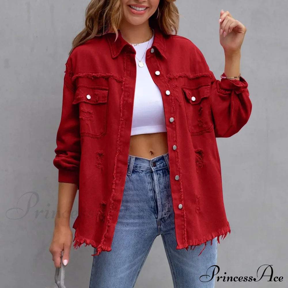 Ripped Distressed Denim Single Breasted Turn Down Collar Washed Jacket