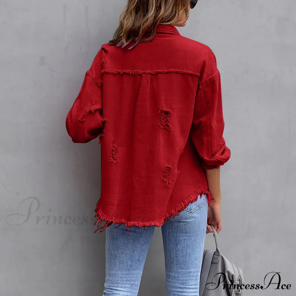 Ripped Distressed Denim Single Breasted Turn Down Collar Washed Jacket