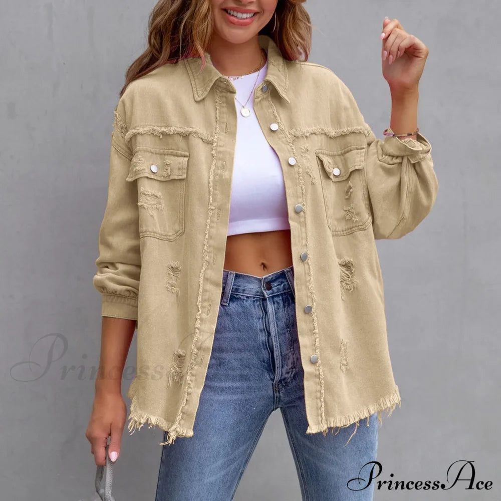 Ripped Distressed Denim Single Breasted Turn Down Collar Washed Jacket