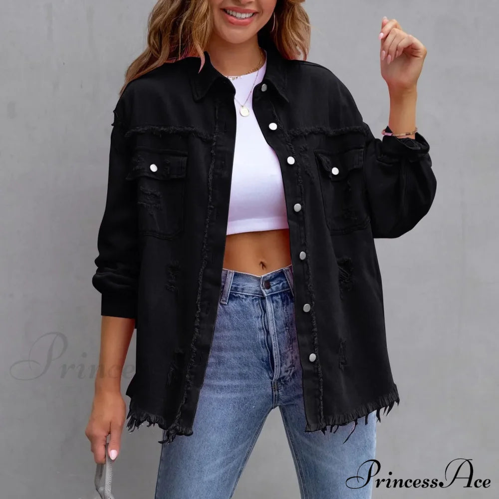 Ripped Distressed Denim Single Breasted Turn Down Collar Washed Jacket Black / S