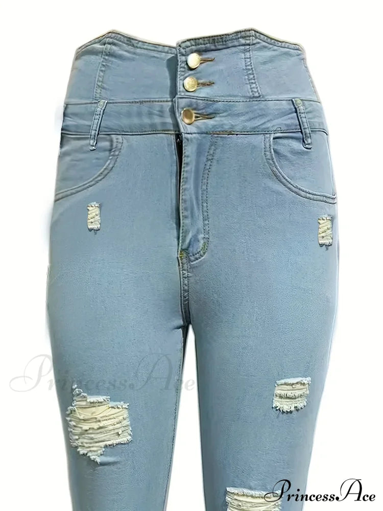 Ripped Holes Casual Skinny Autumn Slash Pockets Distressed Single-Breasted Button High Waist Denim