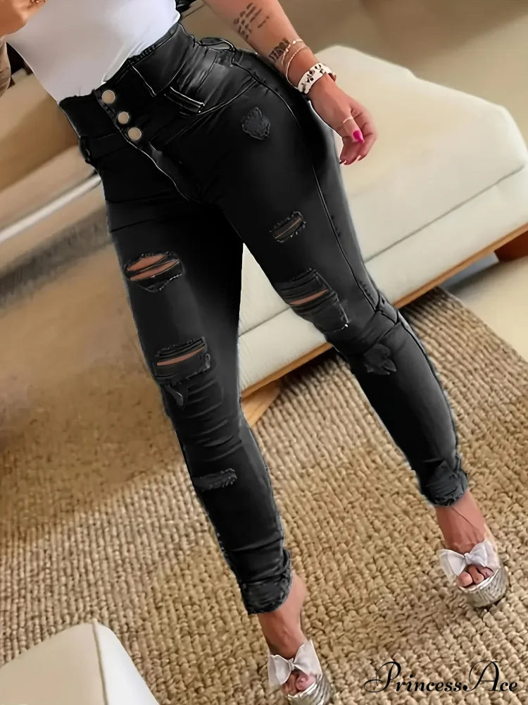 Ripped Holes Casual Skinny Slash Pockets Distressed Single-Breasted Button High Waist Denim Jean