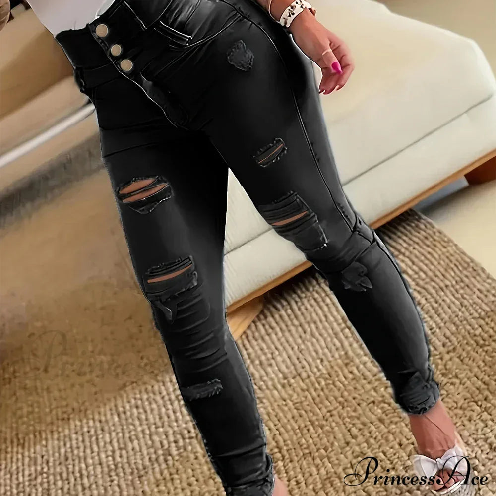 Ripped Holes Casual Skinny Slash Pockets Distressed Single-Breasted Button High Waist Denim Jean