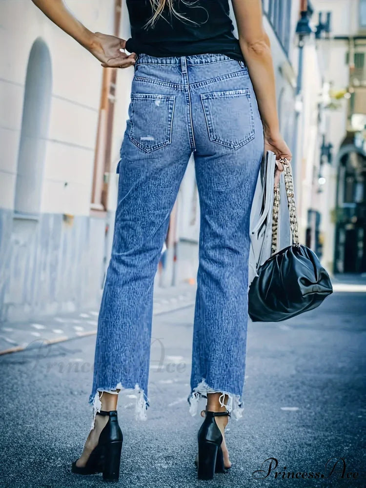 Ripped Holes Washed Straight Slant Pockets Distressed Frayed Hem Denim Jean