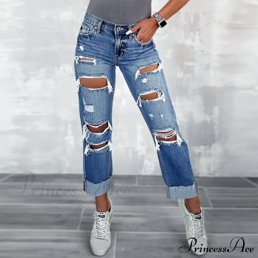 Ripped New High Straight Streetwear Hole Wash Cotton Ladies Denim Jean Blue / S