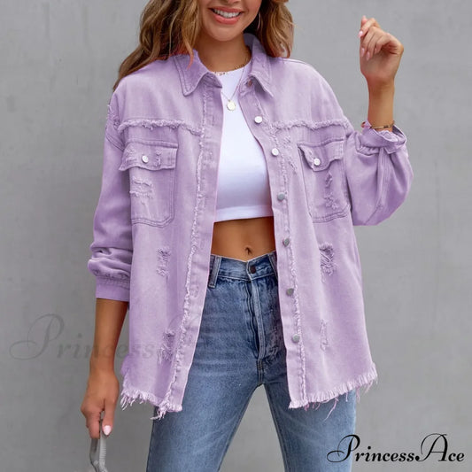 Ripped Oversized Denim Wi Pocket Solid Lapel Button Chic Stylish Elegant Fashionable Versatile