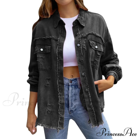 Ripped Oversized Denim Wi Pocket Solid Lapel Button Chic Stylish Elegant Fashionable Versatile