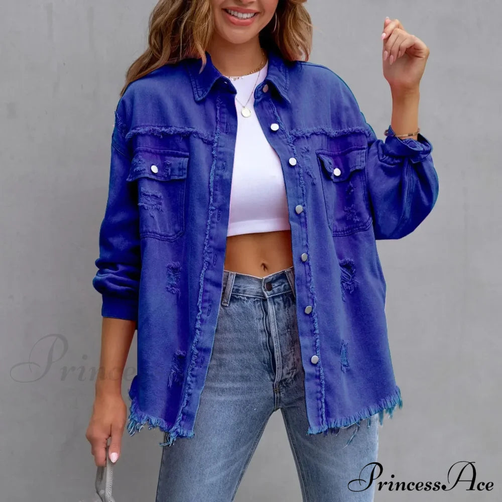 Ripped Oversized Denim Wi Pocket Solid Lapel Button Chic Stylish Elegant Fashionable Versatile