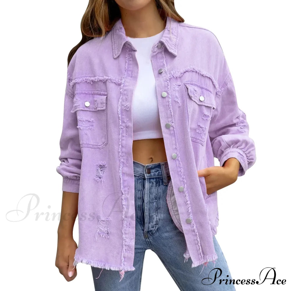 Ripped Oversized Denim Wi Pocket Solid Lapel Button Chic Stylish Elegant Fashionable Versatile