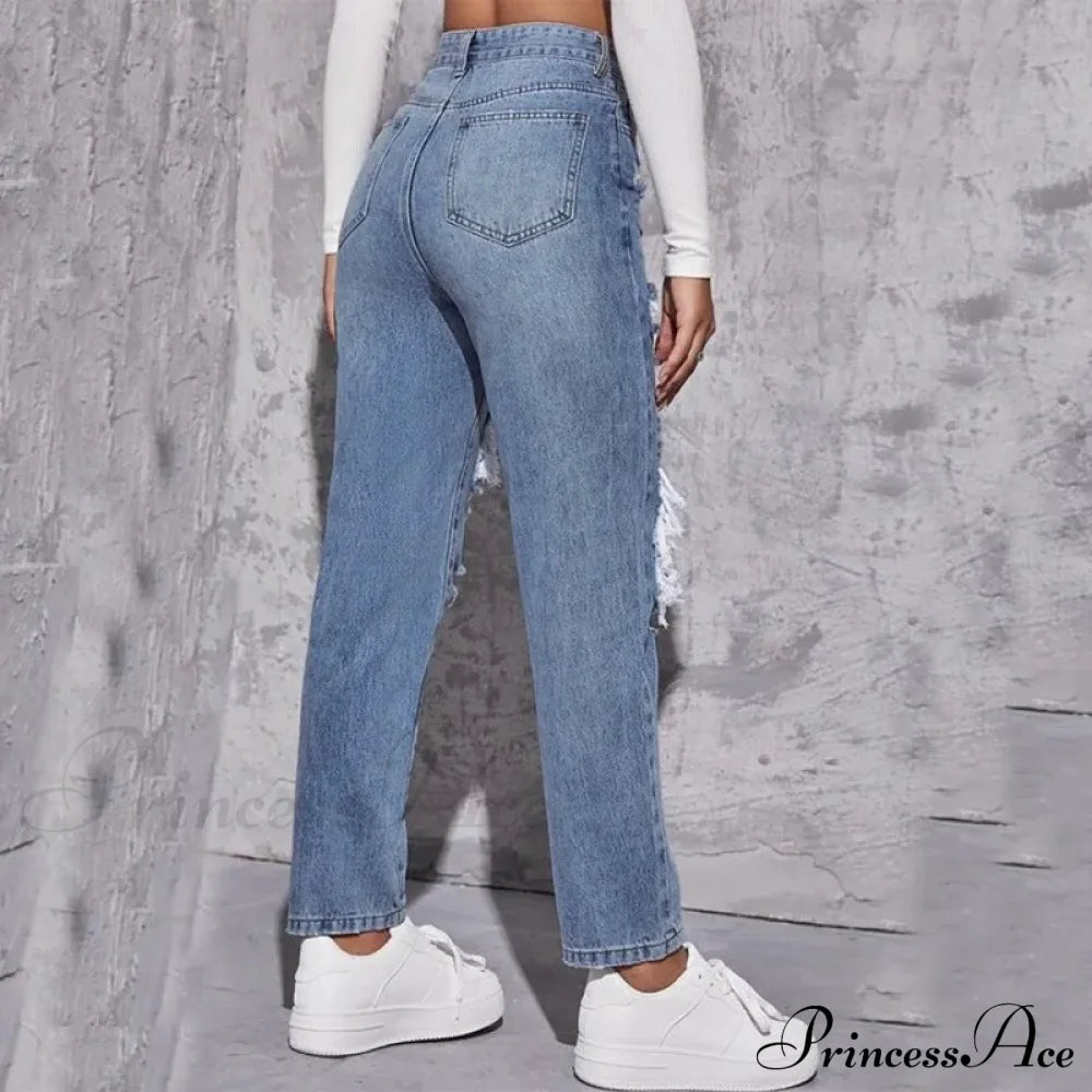 Ripped Straight Leg Women High Waist Loose Holes Casual Streetwear Fashion Denim Jean