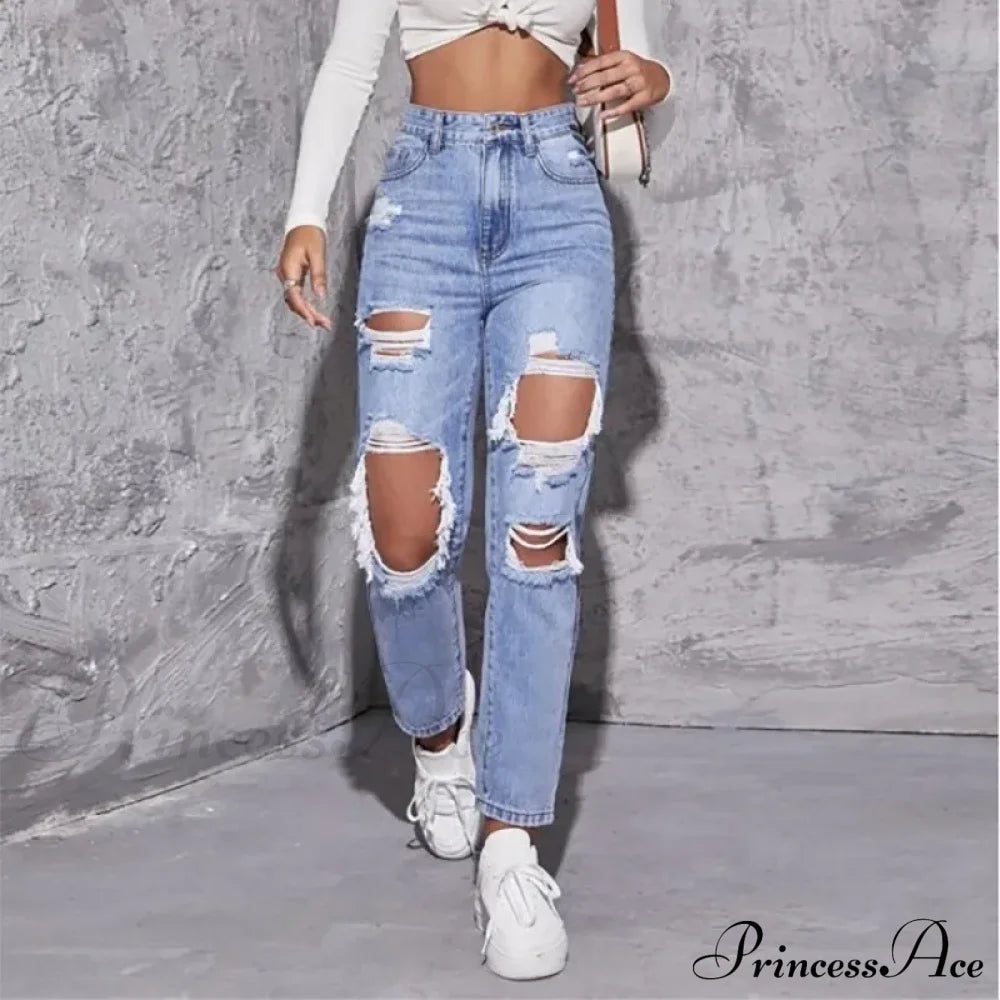 Ripped Straight Leg Women High Waist Loose Holes Casual Streetwear Fashion Denim Jean