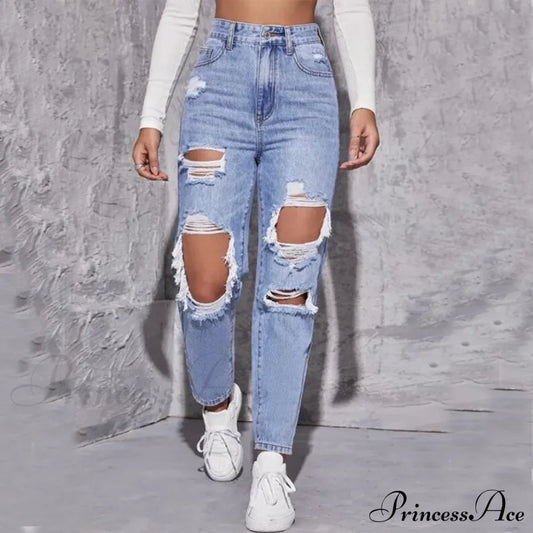 Ripped Straight Leg Women High Waist Loose Holes Casual Streetwear Fashion Denim Jean