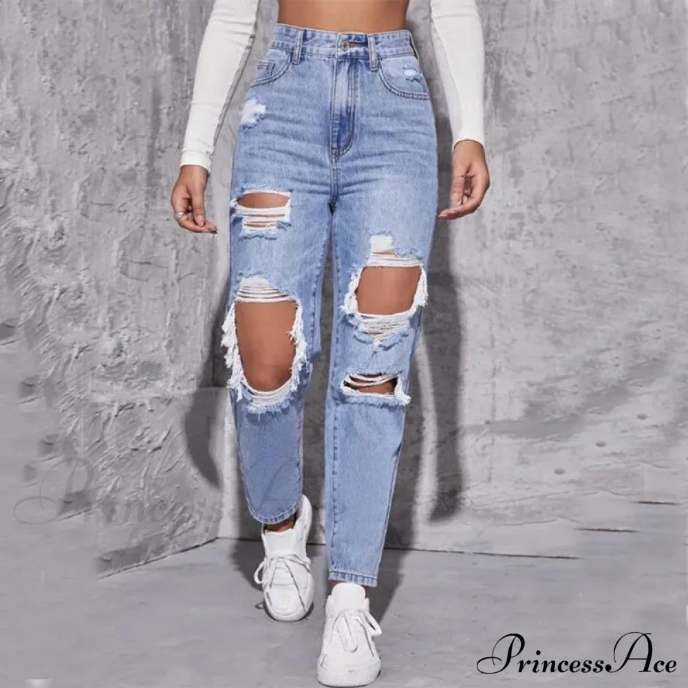 Ripped Straight Leg Women High Waist Loose Holes Casual Streetwear Fashion Denim Jean