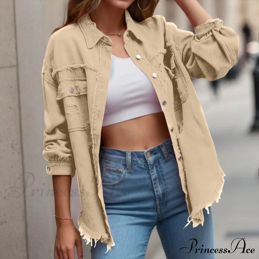 Ripped Style Oversized Denim Lapel Long Sleeves Pockets Chic Stylish Elegant Fashionable Versatile