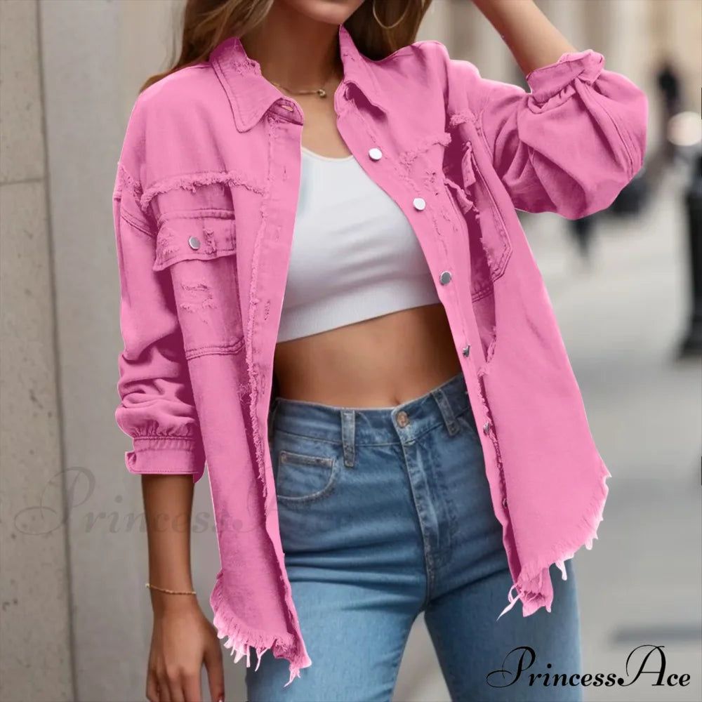 Ripped Style Oversized Denim Lapel Long Sleeves Pockets Chic Stylish Elegant Fashionable Versatile