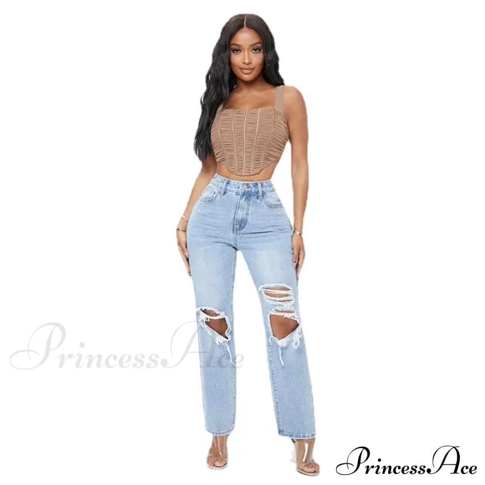 Ripped Women’s Casual Fashion High Waist Straight Leg Loose Denim Ladies Streetwear Jean